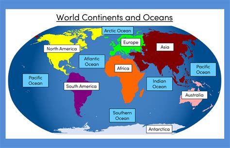 Map with oceans and continents labeled - World Map Poster - This handy map features all the continents, so children can learn where each one is situated. It's a great resource for consolidating children's knowledge on the continents and makes a lovely wall decoration. Oceans and Continents Map Template - Use this fun cut and stick activity to help children create their very own ...